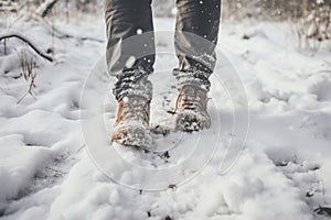 A man& x27;s feet in winter shoes take a step on a snowy road on a winter walk. Generative AI