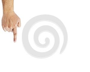 Man`s finger pointing down or touching isolated on white background