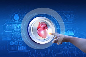 Man`s finger touching  heart shape and medical icon network connection on modern virtual screen networking interface