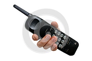 Man's Hand on Black cordless telephone