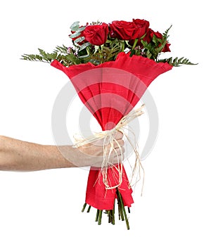 Man's hand with a bouquet of red roses