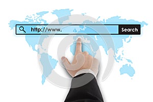 Man's hand clicks on the address bar