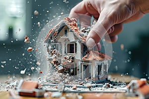 A man\'s hand destroys a house. Concept of demolition of housing and houses.