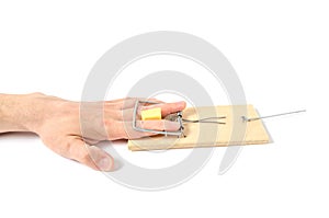 Man`s hand fell into trap.Concept of error,freebies and greed.