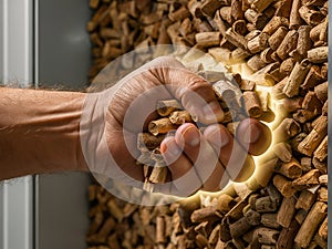 a man& x27;s hand firmly gripping biomass wood pellets