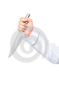 Man`s hand firmly holding a sharp knife close up on white