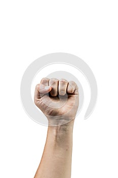A man's hand with a fist raised in the air