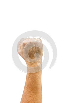 A man's hand with a fist raised in the air