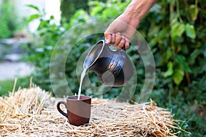 Man`s hand flows milk from jug into glass. Clay jug of milk and cup on a background of green tree leaves. Natural whole milk in ju