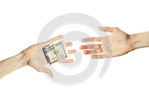 Man`s hand gives cash or buys. Two male hands empty and with us dollars cash money