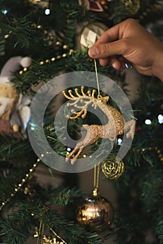 Man`s hand hanging a golden deer on a decorated christmas tree. Close up.