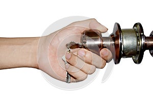 Man's hand hold doorknob on isolate white background
