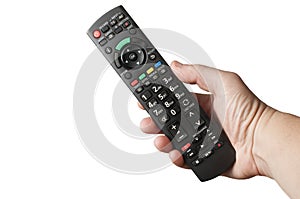 Man`s hand hold a TV remote control on white background