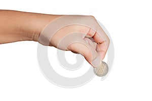 Man's hand, holding 2 Euros coin