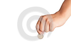 Man's hand, holding 2 Euros coin