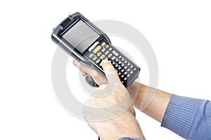 Man`s hand holding a barcode scanner.