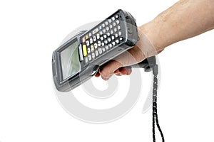 Man`s hand holding a barcode scanner.