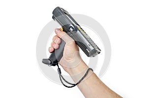 Man`s hand holding a barcode scanner.