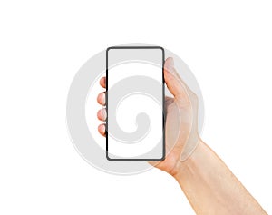 Man`s hand holding black modern smartphone isolated on white background with clipping path