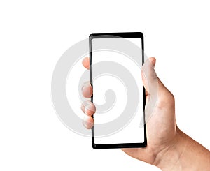 Man`s hand holding black modern smartphone isolated on white background with clipping path