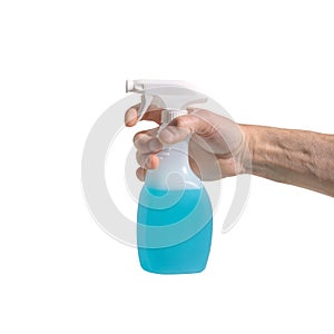 Man`s hand holding a blue  detergent spray bottle, isolated on a white background