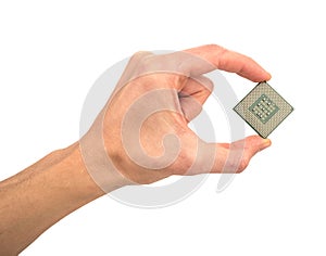 Man`s hand holding a computer processor