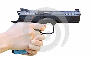 The man`s hand is holding a gun, pointing and ready to shoot. On a white background