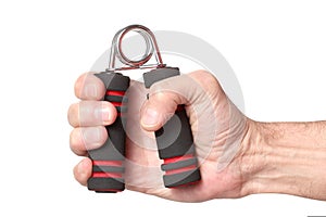Man`s hand holding a gymn hand gripper  with clipping path and copy space for your text