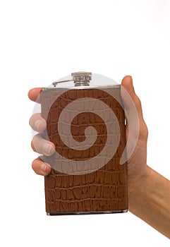 Man's hand holding hipflask