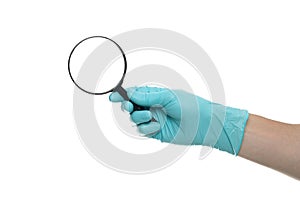 Man`s hand holding magnifying glass, close up isolated on white background, copy space for your text. Magnifier for reading