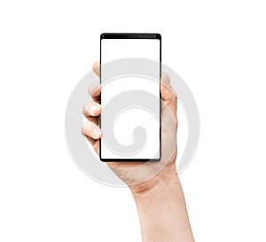 Man`s hand holding mobile smart phone with blank screen