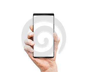 Man`s hand holding mobile smart phone with blank screen