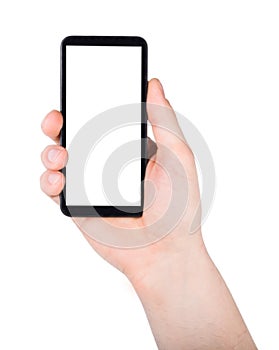 Man s hand holding mobile smart phone with blank screen, isolated on a white background