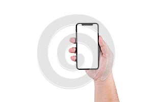 Man`s hand holding a new version of the  mobile phone on white background or isolated