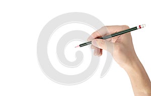 Man's hand holding pencil isolated