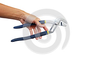 Man's hand holding pliers on white background