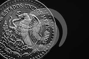 Man's hand holding a silver American coin, close-up of a quarter dollar coin isolated over black. Bag, dollars