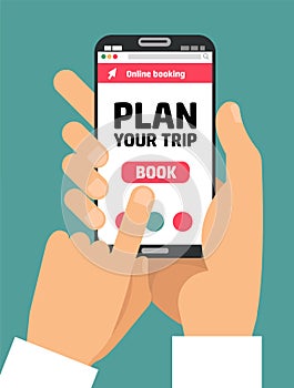 Man`s Hand holding smartphone with book button on screen.Concept of online booking mobile application for renting accommodations.