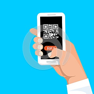 Man`s hand holding and using smartphone to scanning QR code with button on blue background. Business cashless technology concept