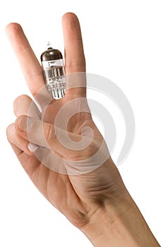 Man's hand holding vacuum tube peace sign