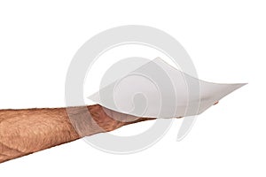 A man's hand holding a white sheet highlighted in white