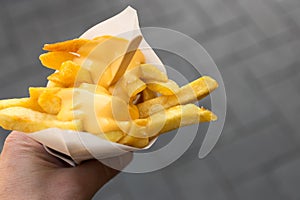 Man`s hand holds a paper cone with french fries and cheese sauce