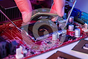 A man`s hand inserts a processor into the motherboard chipset