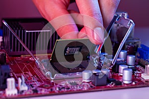 A man`s hand inserts a processor into the motherboard chipset
