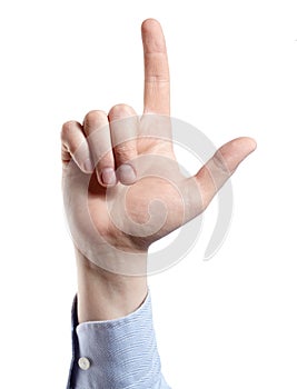 Man`s hand isolated on white. Index finger up.
