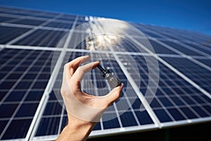 Man`s hand keeping tiny detail for solar battery installing.