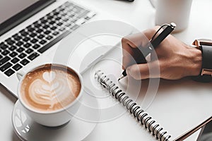 A man\'s hand making a note in a notepad at a white table, next to a MacBook and a cup of coffee. photo