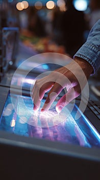 Man's hand operating touchscreen interface on a modern digital panel