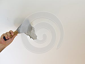 Man`s Hand Peeling a Ceiling