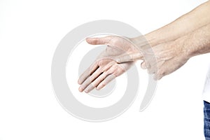 Man`s hand point with a finger isolated on white, open hand, two hands together
